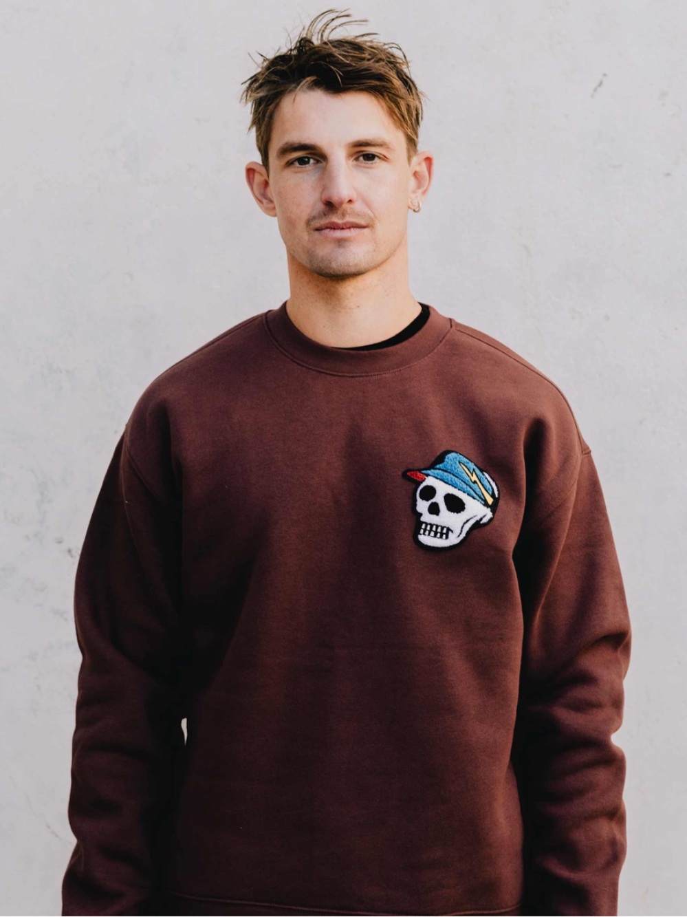 Devereux Golf Men's Chocolate Brown Crewneck Sweatshirt with Skull Patch